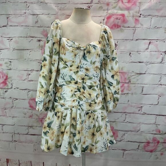 Avant Look Women's Puff Sleeve Off The Shoulder Floral Pleated Dress Cream Size - Picture 4 of 14